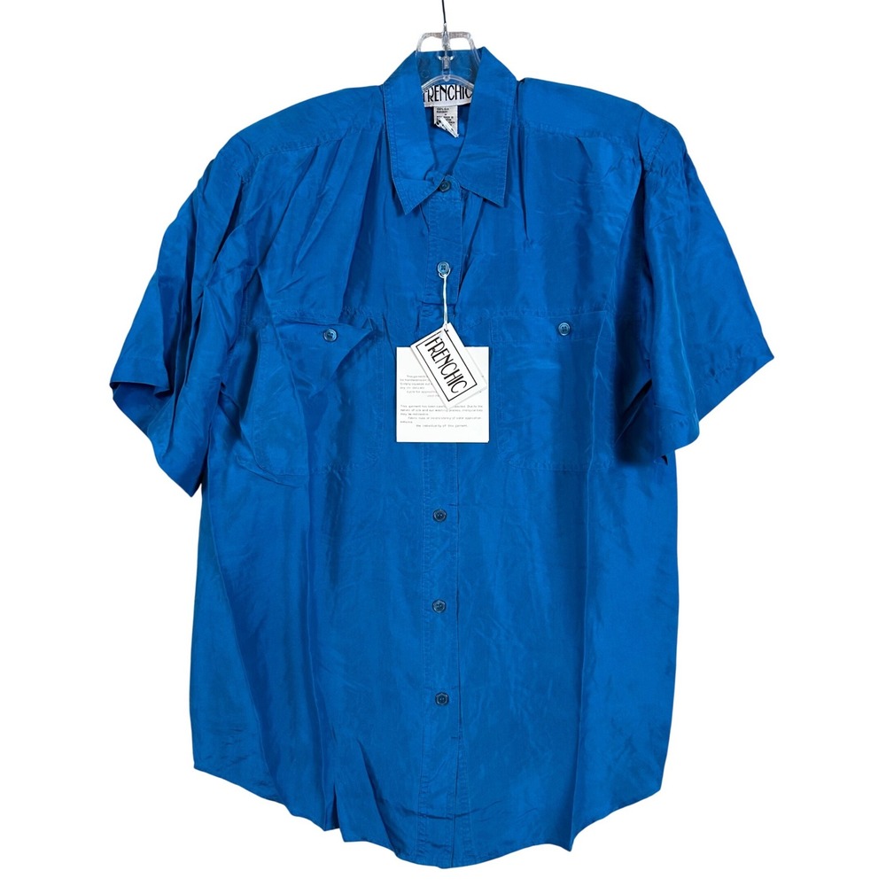 NWT Vintage Women Teal Washable Silk Short Sleeve Button Up‎ Shirt Frenchic MED